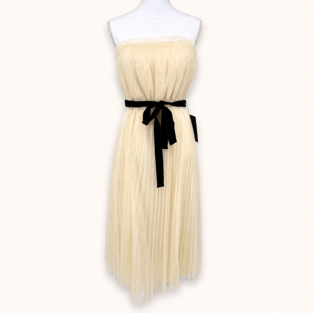 NEW Lulus Medium Ferreira Cream‎ Tulle Pleated Bow Strapless Midi Dress Romantic